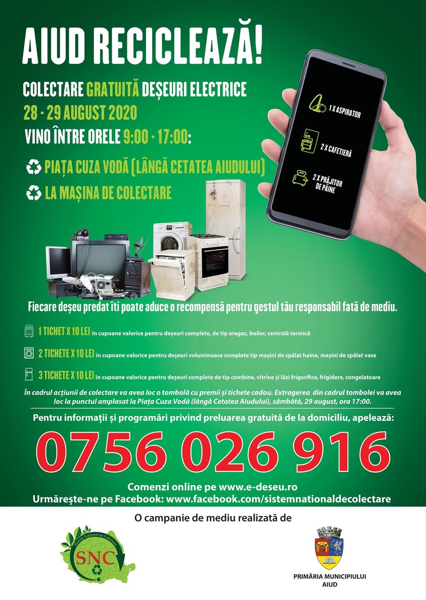 Aiud reciclează! – Campanie de colectare a deșeurilor electrice (DEEE) la Aiud, Piața Cuza Vodă