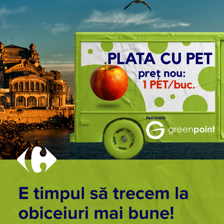 La Carrefour Constanța plătești cu PET-uri pentru fructe și legume românești