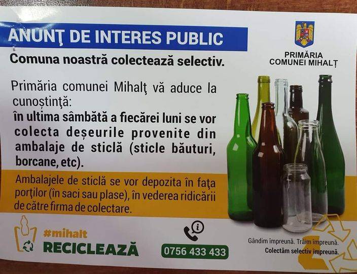 Colectarea ambalajelor din sticlă la Mihalț, jud Alba, se face în ultima sâmbătă a fiecărei luni