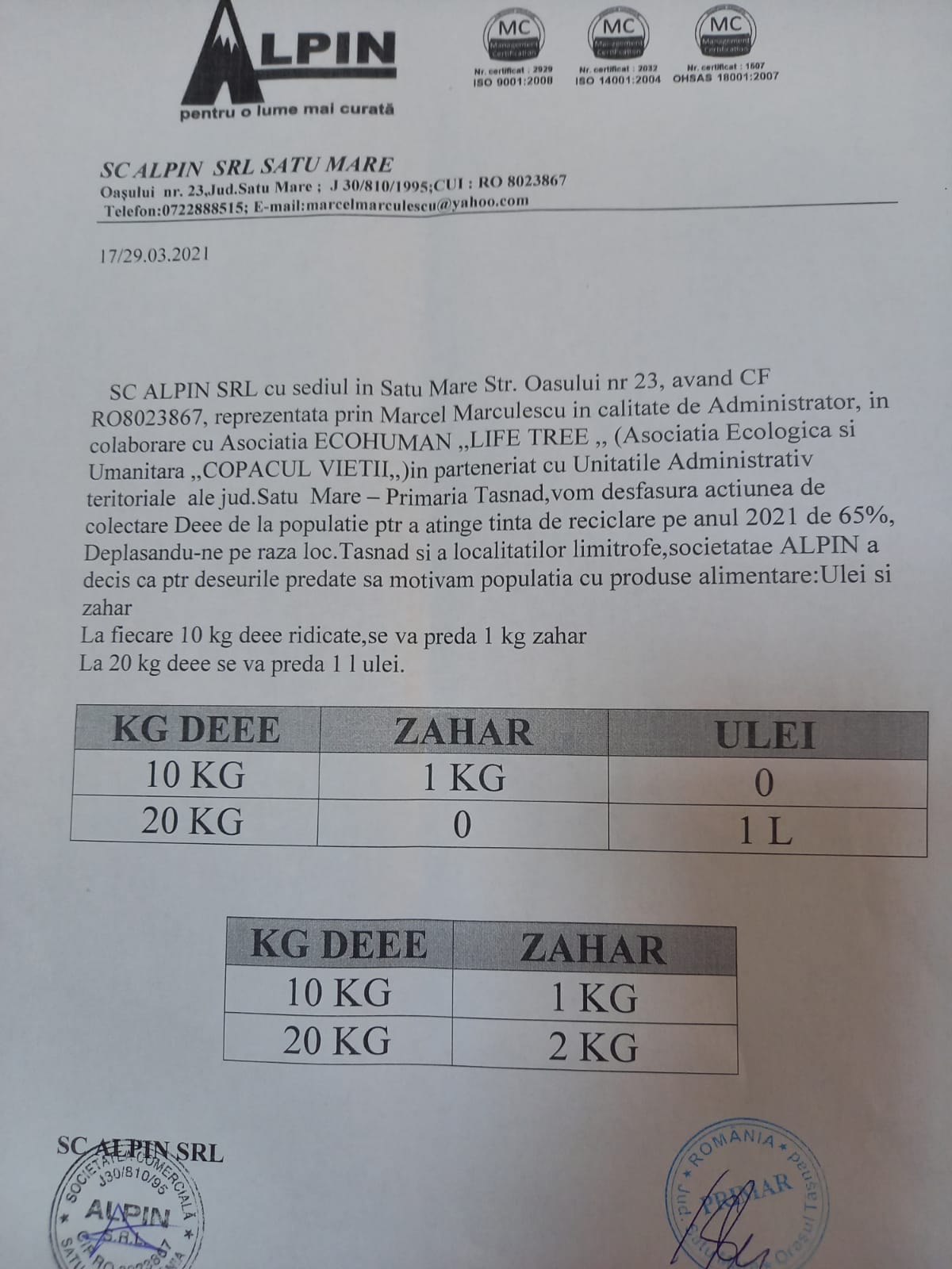Alpin SRL Satu Mare recompensează cetățenii care predau deșeuri electrice, cu ulei și zahăr