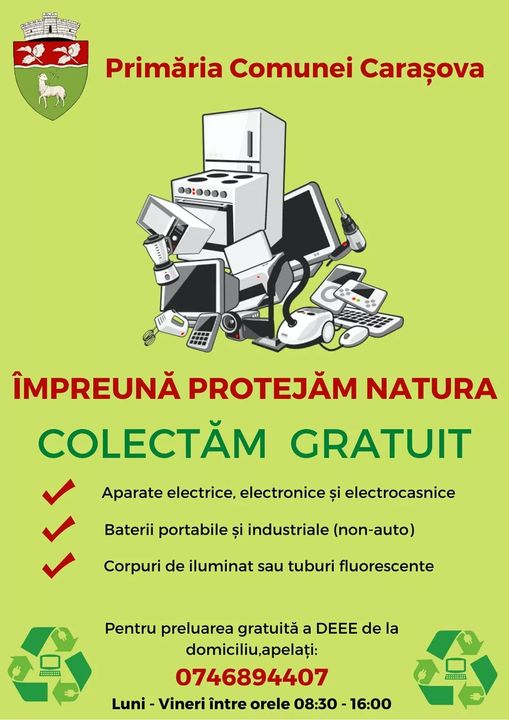 Acțiune de colectare deșeuri electrice și electrocasnice în Carașova, Nermed și Iabalcea – vineri, 26 martie 2021