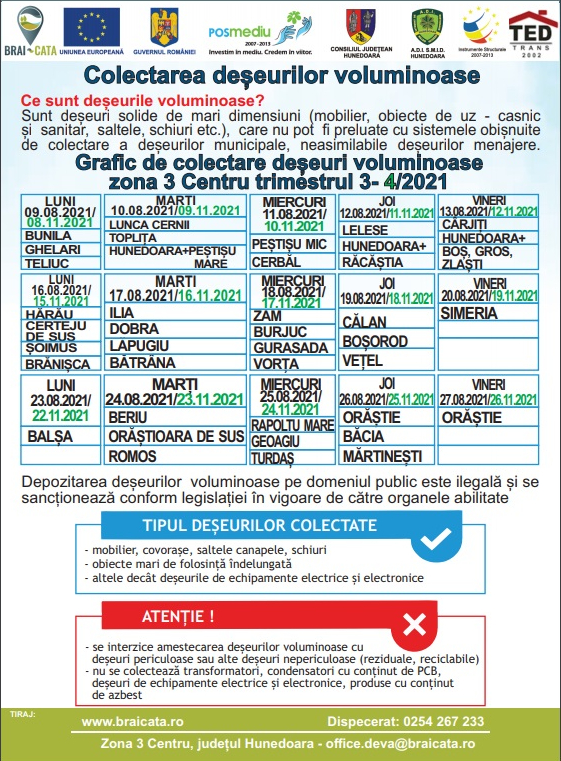 Brai-Cata SRL a demarat campania trimestrială de colectare gratuită a deșeurilor voluminoase, în zona 3 Centru a județului Hunedoara