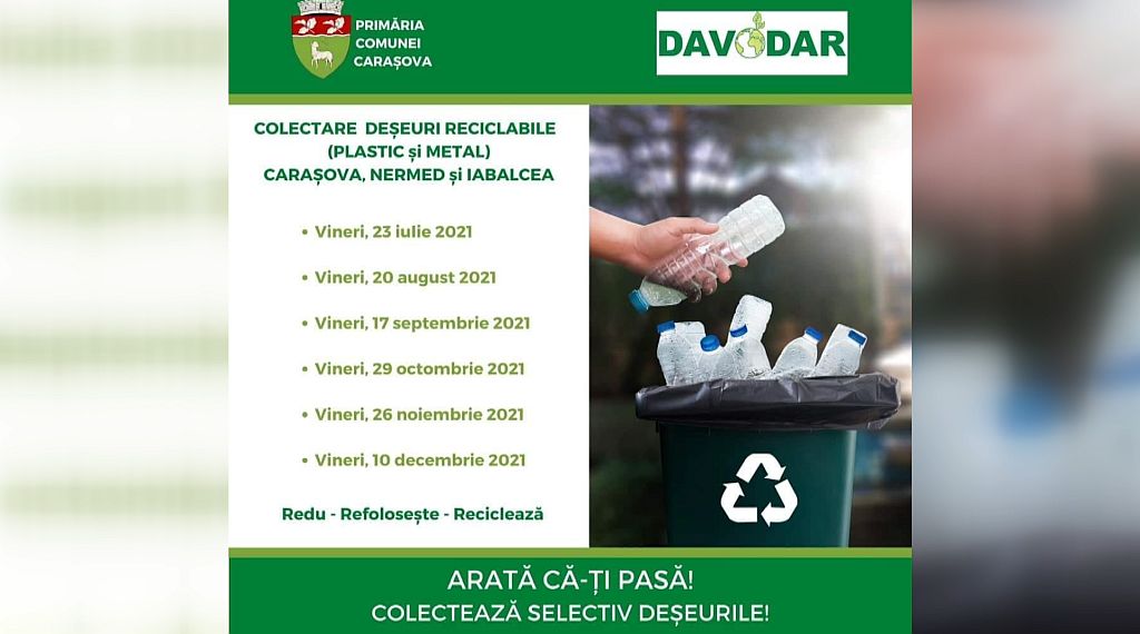 La Carașova, Nermed și Iabalcea se vor colecta deșeurile din plastic, mâine, 26 noiembrie