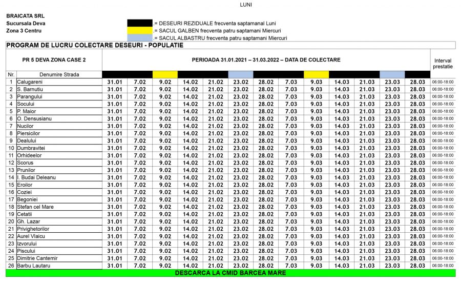 Program colectare Deva Zona Case Luni x