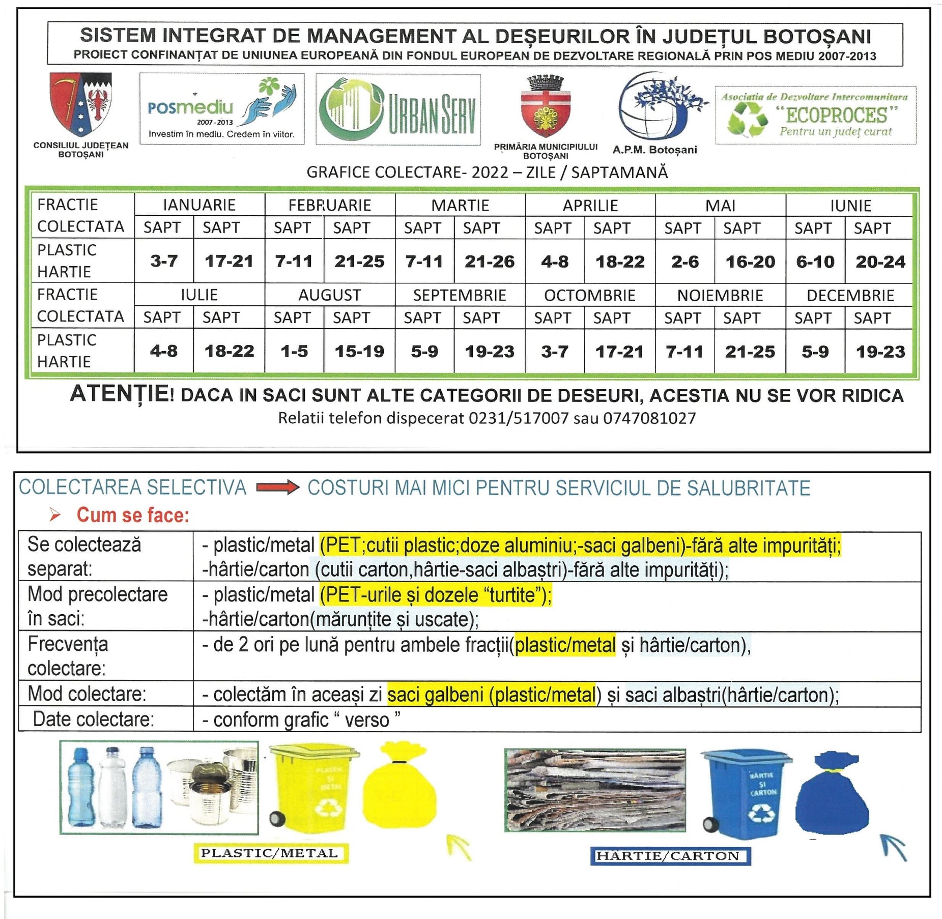 Urban Serv SA Botosani a anunțat programul de colectare al deșeurilor reciclabile