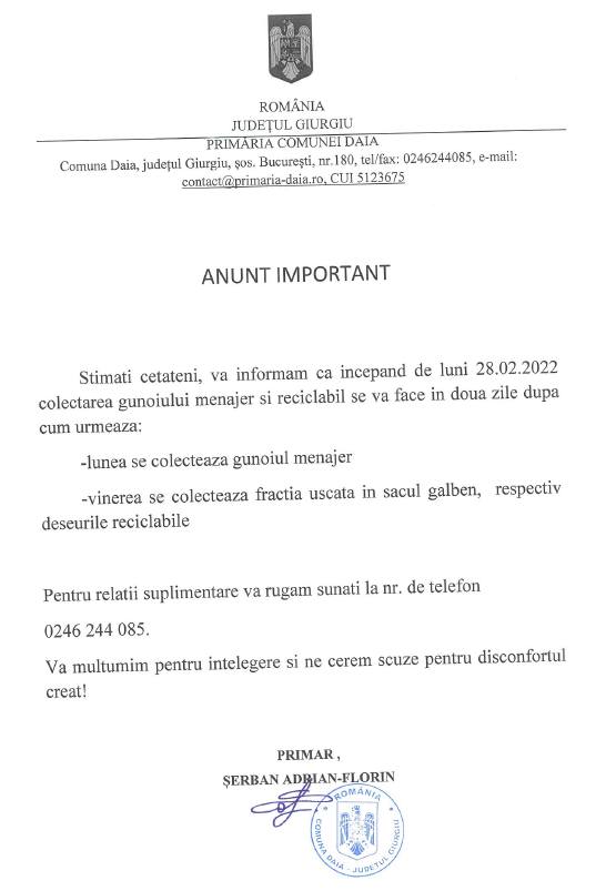 Precizări ale Primăriei Daia cu privire la colectarea gunoiului menajer și reciclabil
