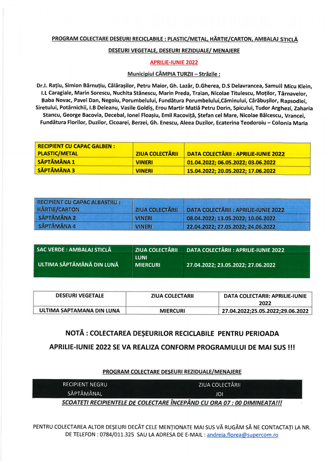 Programul de colectare a deșeurilor, în Municipiul Câmpia Turzii, în perioada aprilie – iunie 2022