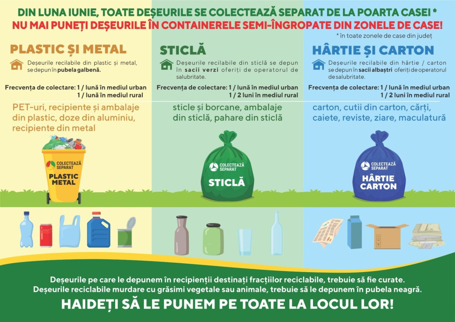 Bistrița-Năsăud. Din iunie, Supercom va distribui în toate zonele de case saci menajeri verzi și albaștri pentru colectarea deșeurilor reciclabile din sticlă și din hârtie