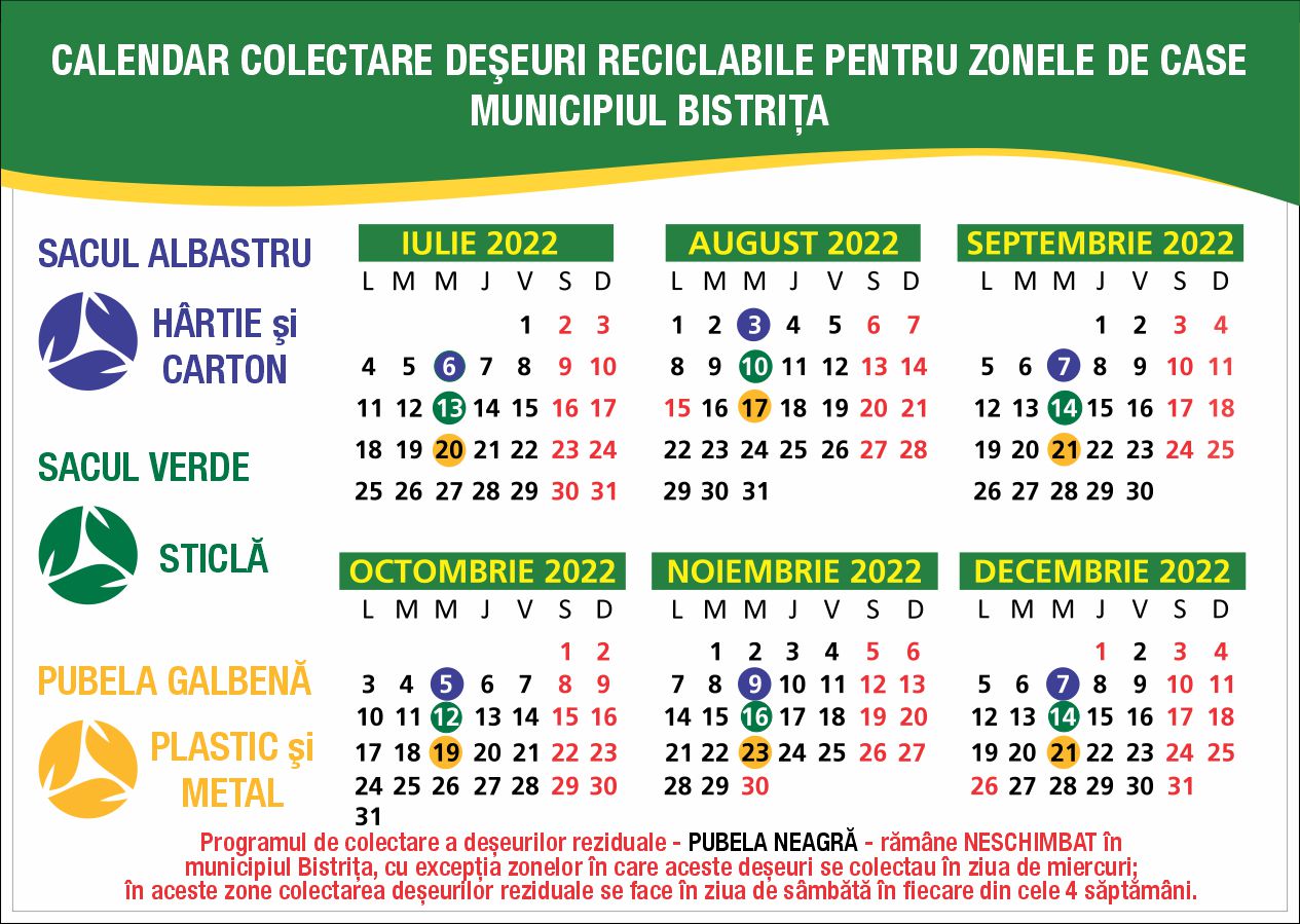 Programul de colectare a deșeurilor reciclabile în luna octombrie, la Bistrița