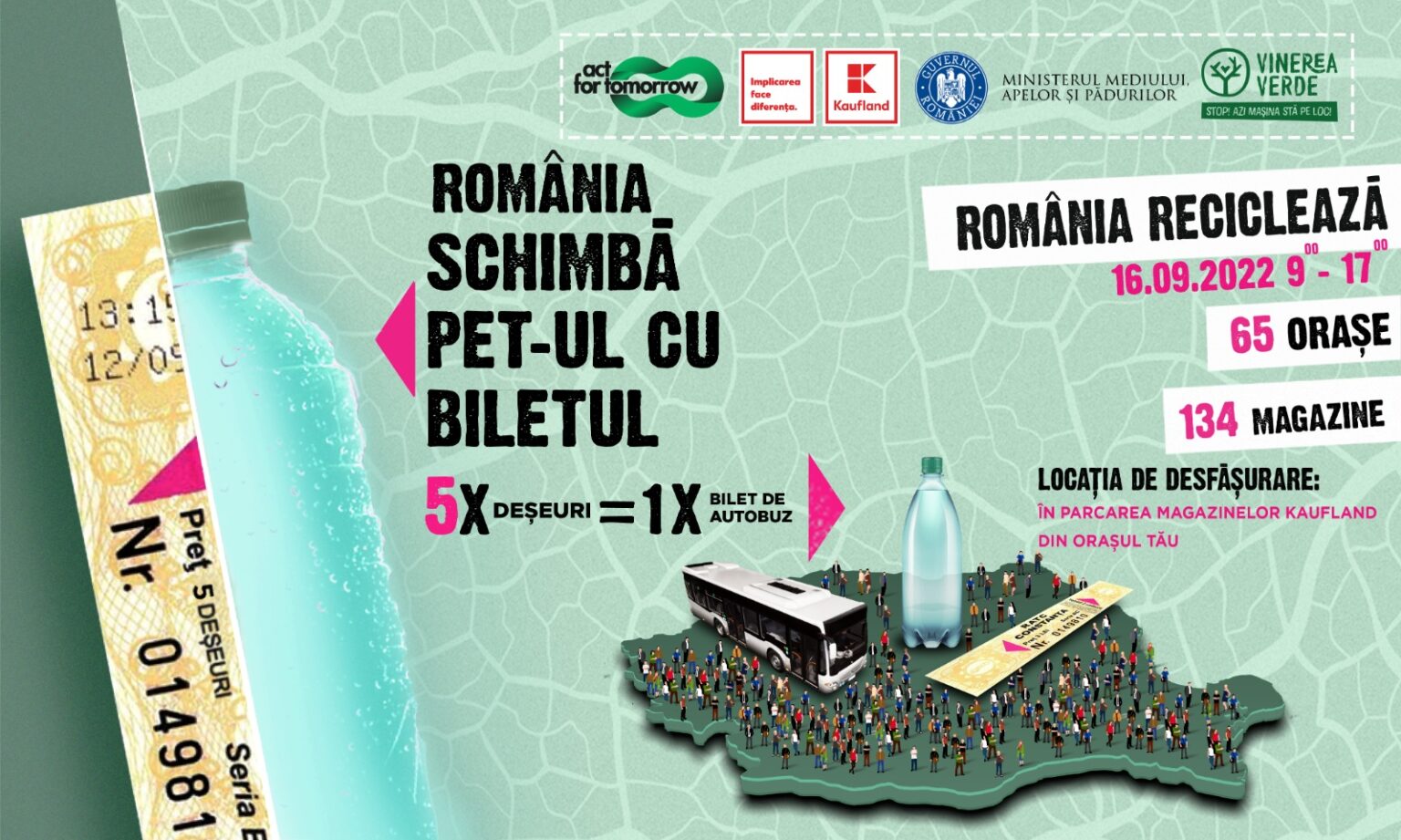 Pe 16 septembrie locuitorii din 65 de orase vor putea putea călători cu mijloacele de transport în comun în schimbul deșeurilor