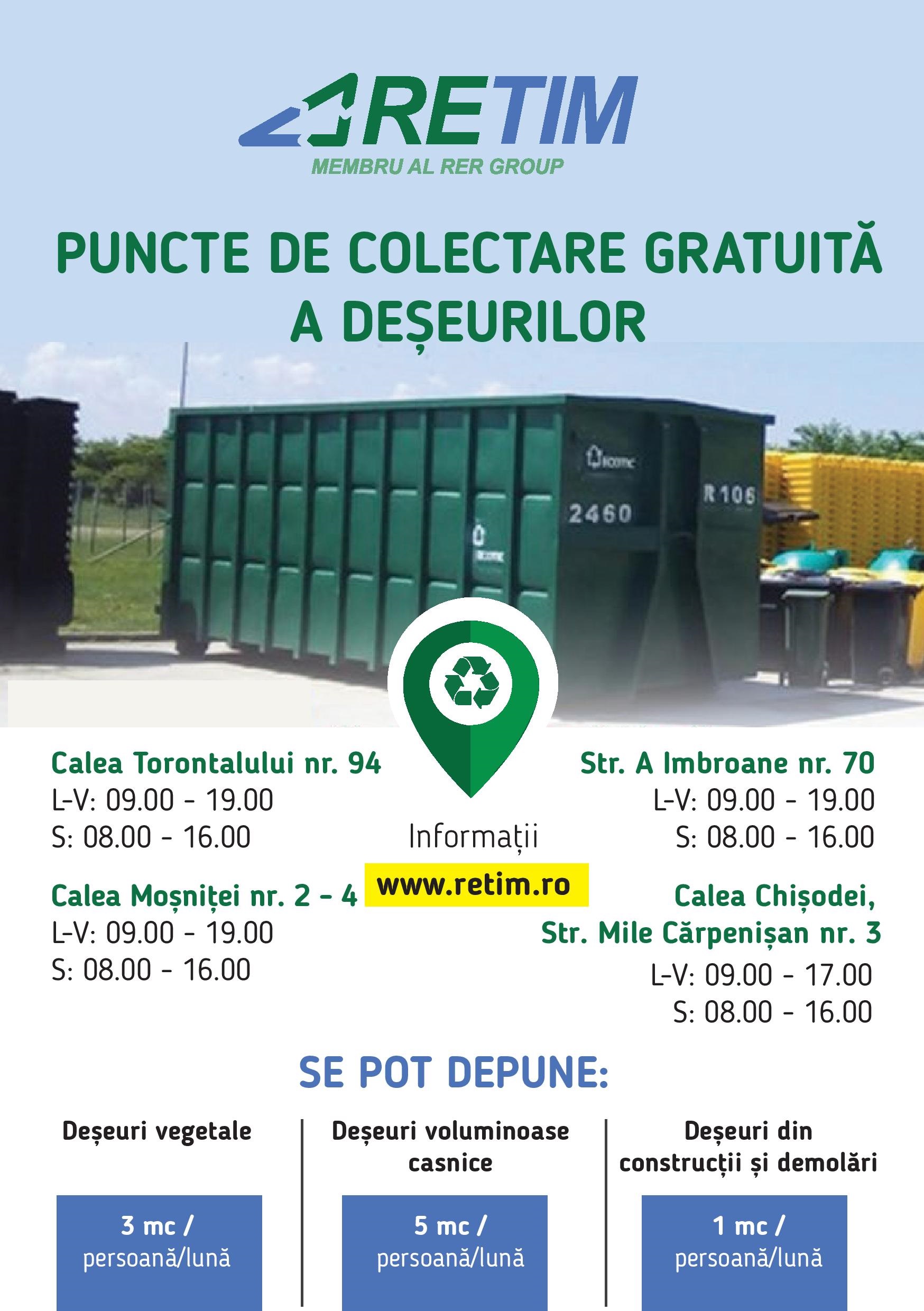 colony acid Ringback Timișoara. Puncte de colectare gratuită a deșeurilor voluminoase, vegetale,  din construcții, de polistiren și carton din ambalaje – locația și  programul acestora