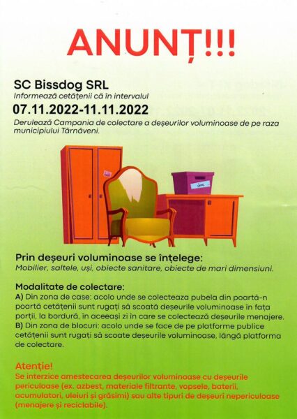Campanie de colectare a deșeurilor voluminoase la Târnăveni până vineri, 11 noiembrie