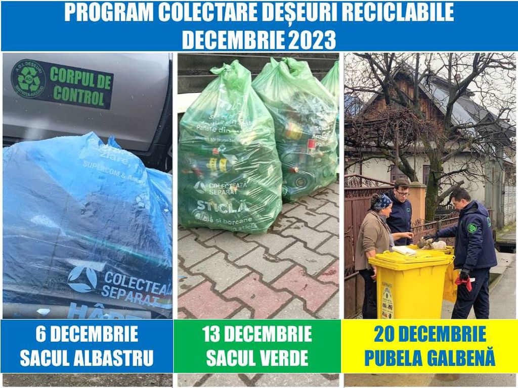 Programul de colectare a deșeurilor reciclabile la Bistrița, în luna decembrie